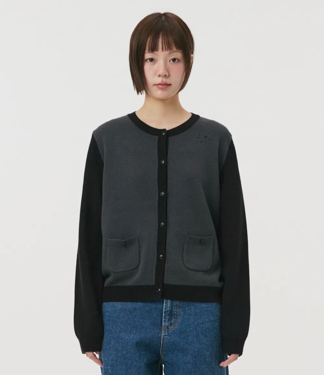 STAR TWO TONE BUTTON CARDIGAN, BLACK새 상품이미지2