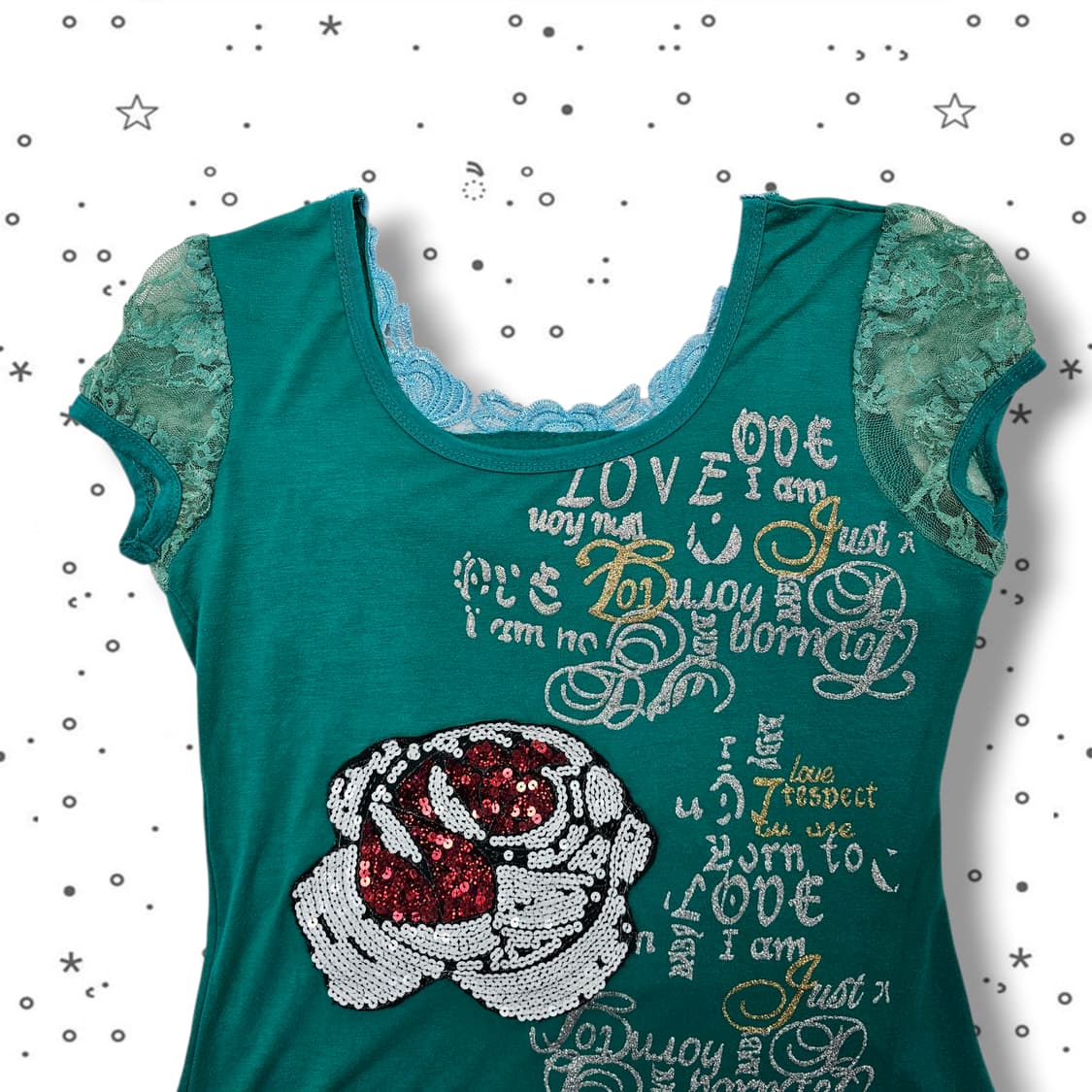 VTG 레이스 소매 스팽글 로즈 티셔츠 상품이미지2