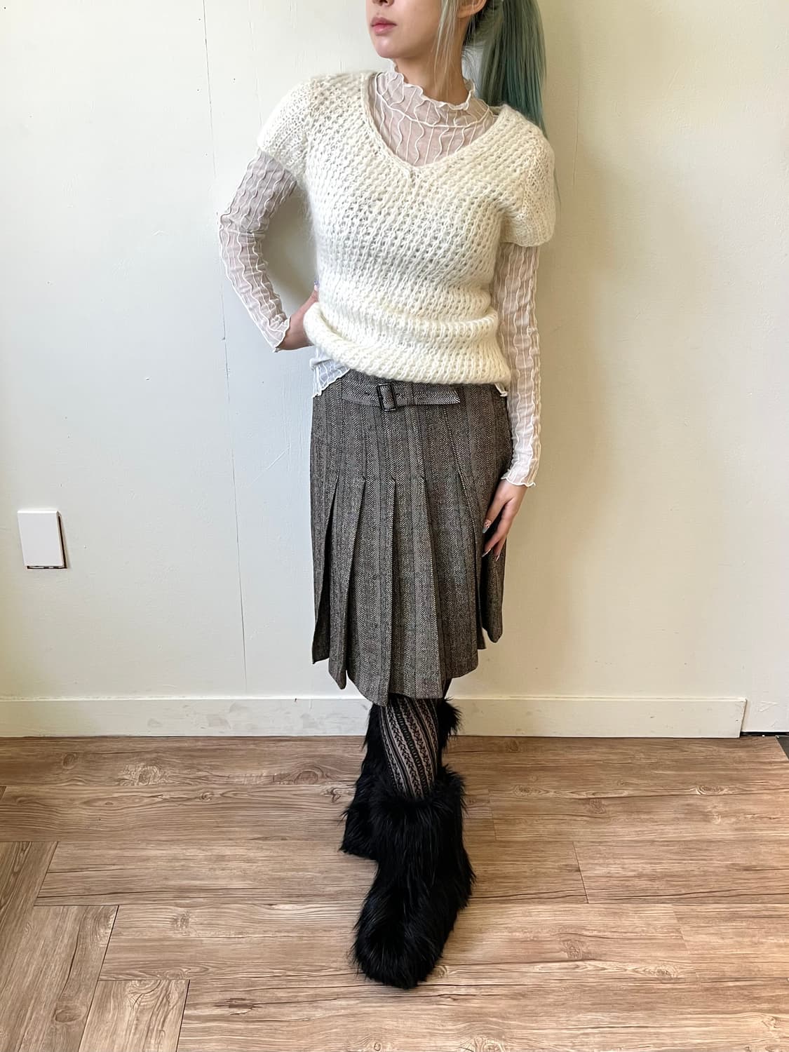 VOICEMAIL 신치백 헤링본 스커트 상품이미지5