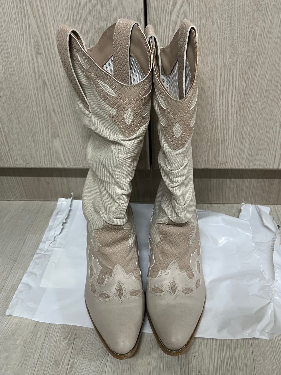 Lizee 빈티지 린넨 레더 스웨이드 웨스턴 부츠 상품이미지1