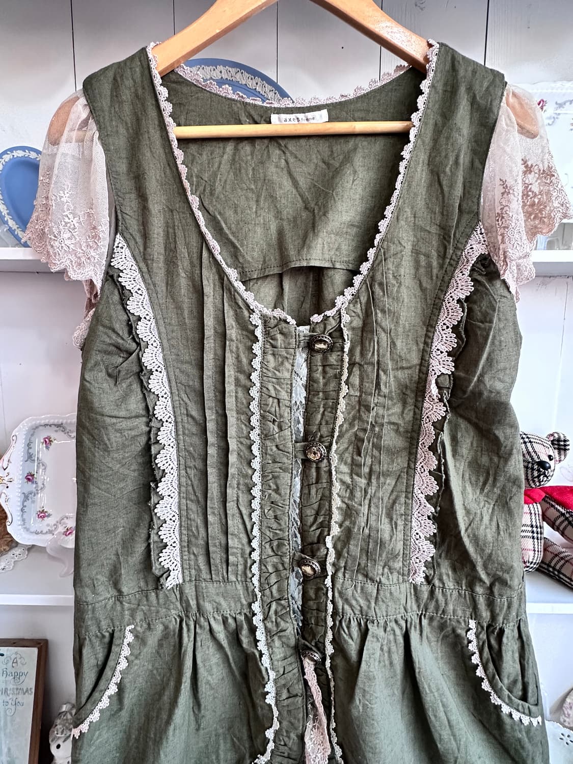 빈티지 레이스 장식 원피스 카키색 상품이미지2