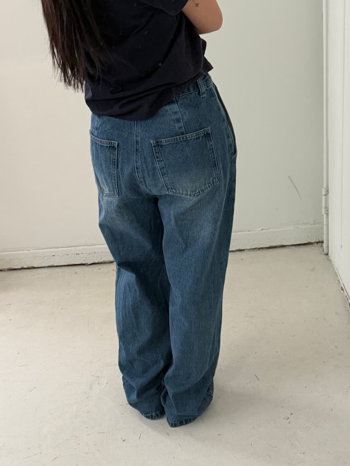 일본빈티지 와이드 핀턱 중청 데님 상품이미지3
