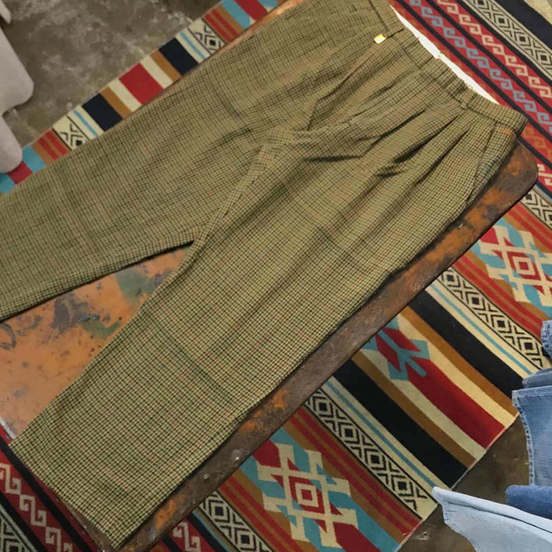 VTG 그린 카키 하운드투스 체크 핀턱 울 트라우저 허리 34 35  상품이미지3