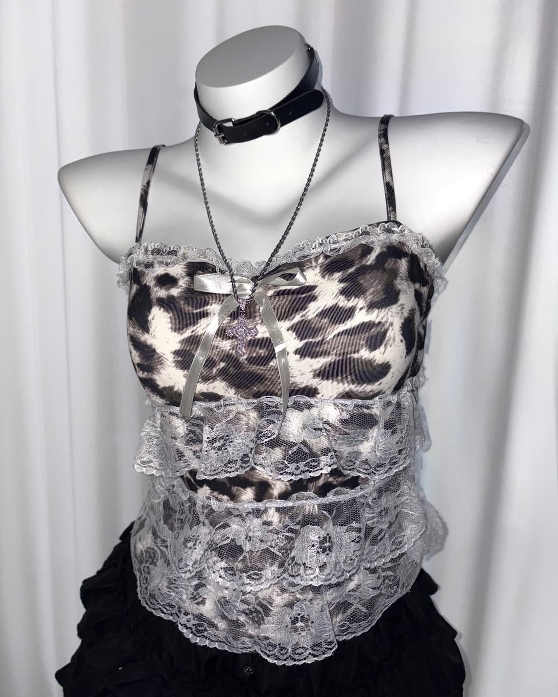 [noirella]레이스 프릴 레오파드 호피 갸루 슬리브리스 민소매 나시 상품이미지4