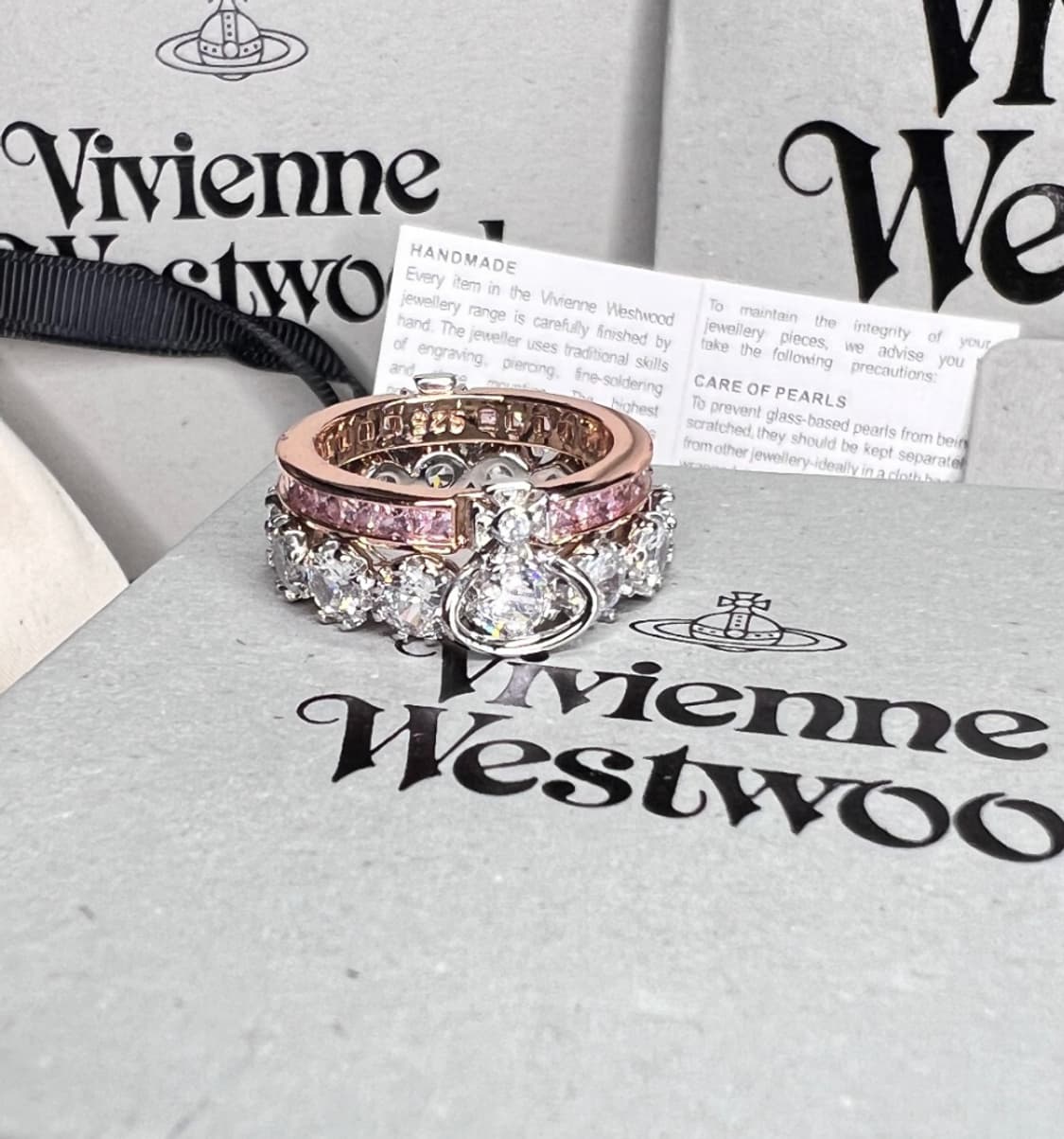 비비안웨스트우드 아카이브 실버 크리스탈 orb 로즈골드 2단 레이어 링 상품이미지1