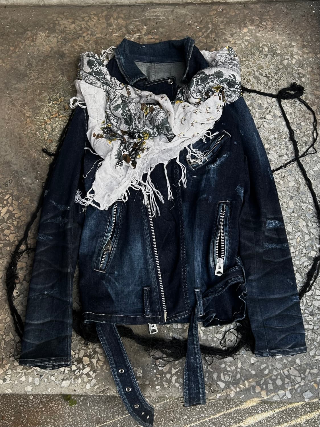 2000s fuga 락시크 데미지 워싱 데님 라이더자켓 상품이미지2