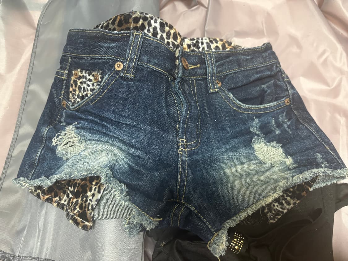 갸루 벨벳 호피) 빈티지 데님 청바지 호피 포인트 반바지 상품이미지2