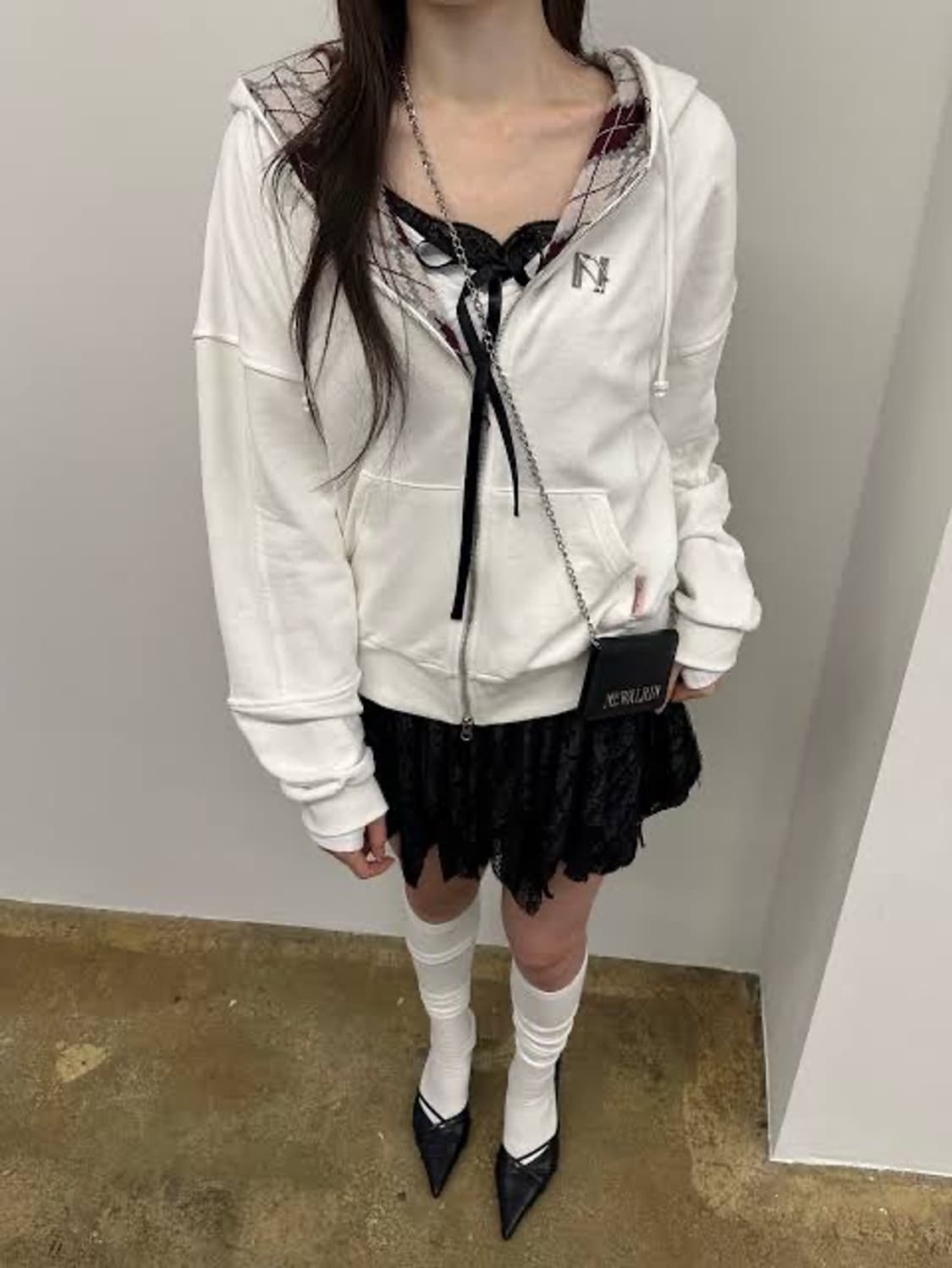 뉴얼린 롤리팝 체크 후드집업 화이트 상품이미지1