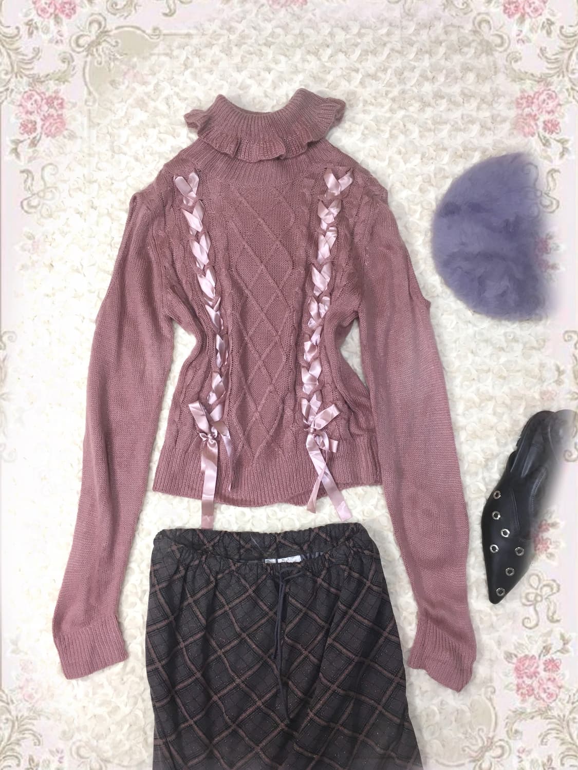 jpn vintage rosepink cut out eyelet knit 상품이미지6