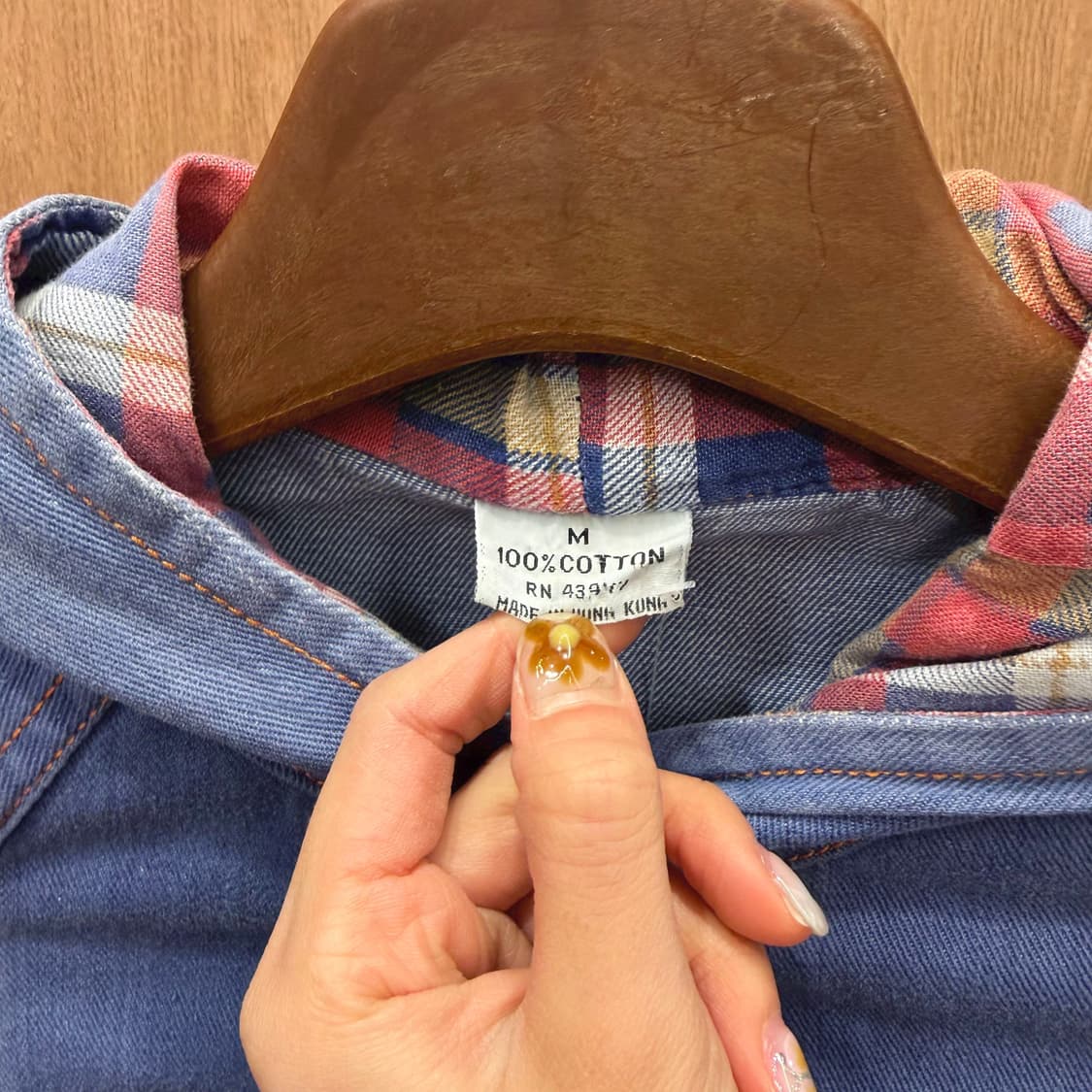 빈티지 데님 후드 자켓 체크 안감 후드 디테일 레귤러핏 라이트 블루 상품이미지6