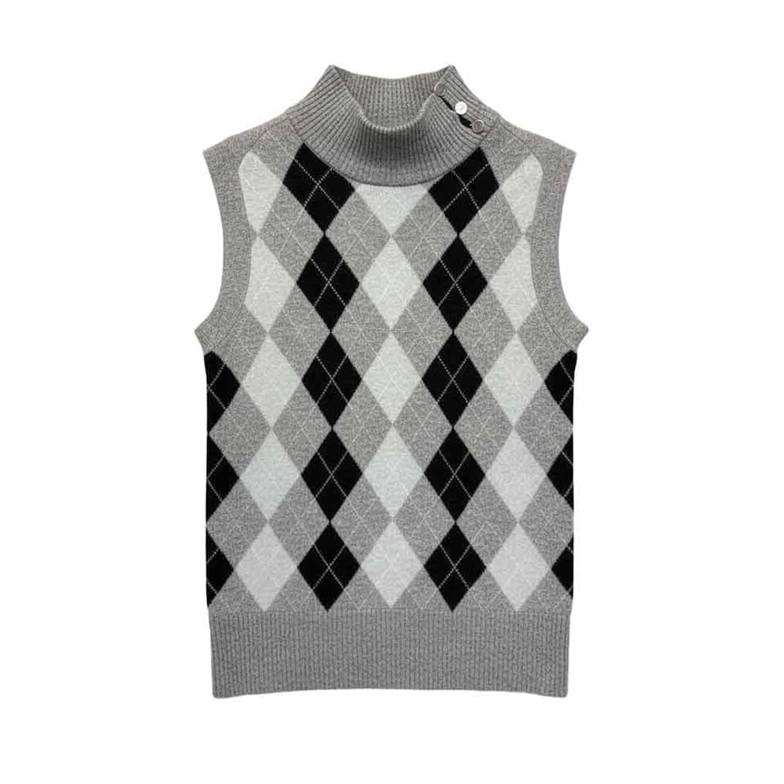 Michel Klein 미쉘클랑 아가일 반폴라 니트베스트 플랩버튼 디테일 상품이미지1