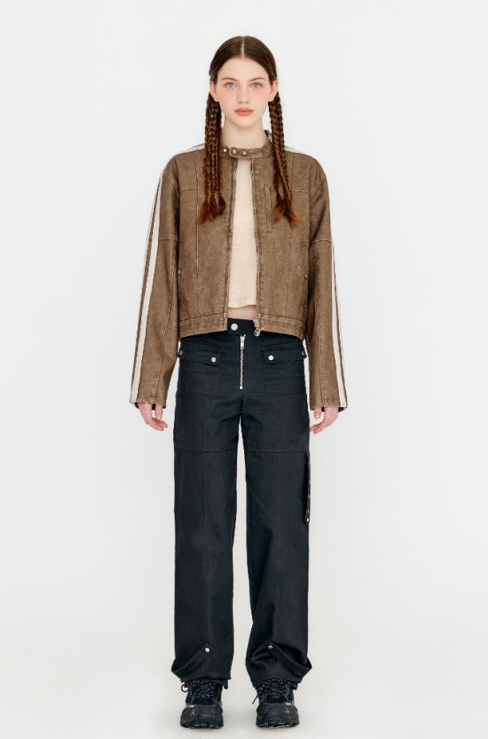 yuse 유즈 컬러블록 레더 바이크 자켓 상품이미지1