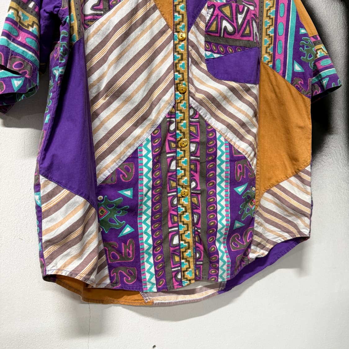 VTG 빈티지 에스닉 컬러블락 패치워크 코튼 반팔 셔츠 상품이미지5