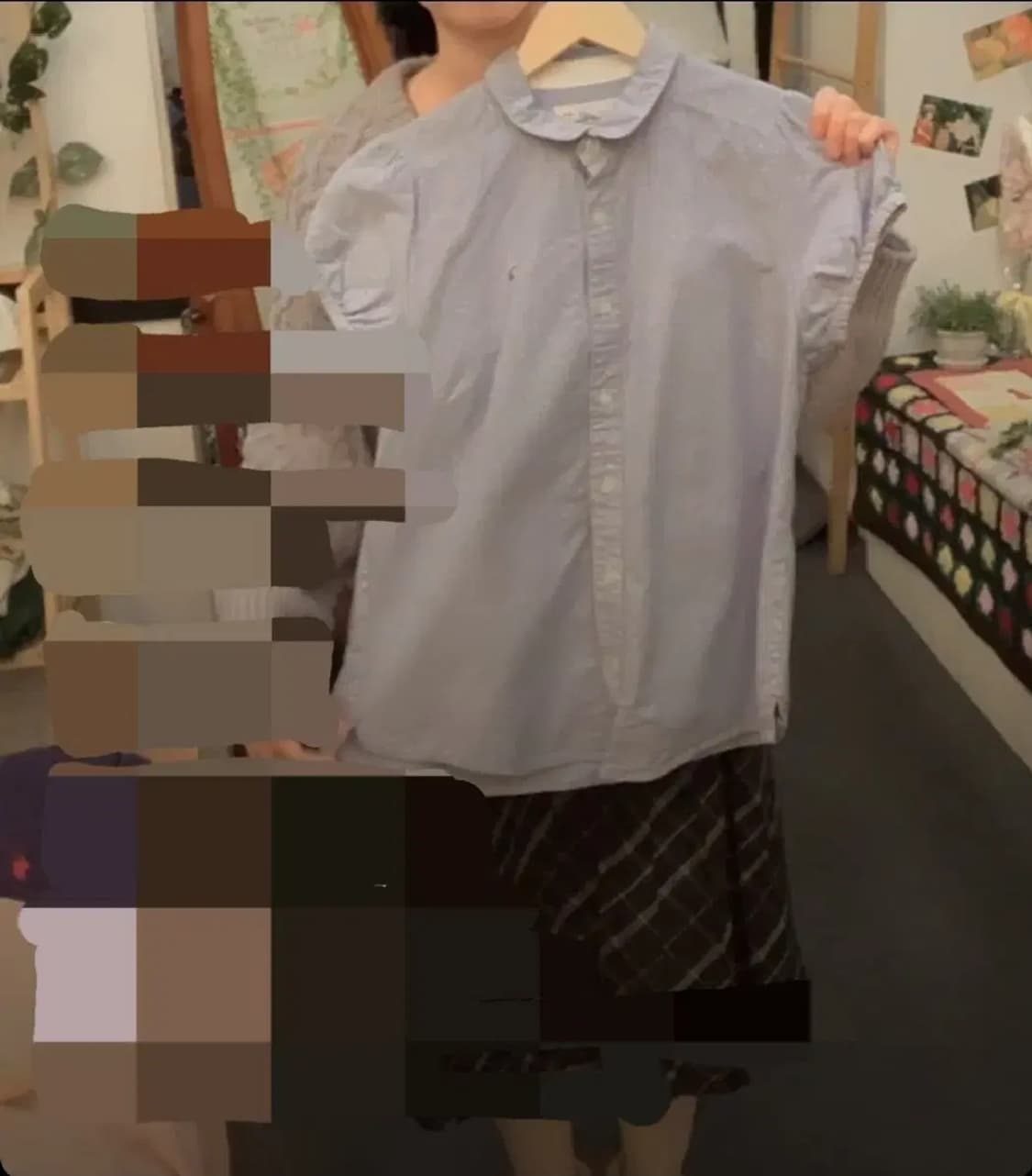 하나모토 빈티지 모리걸 하늘색 소라 도트 우산 둥근카라 홍콩 블라우스 상품이미지2