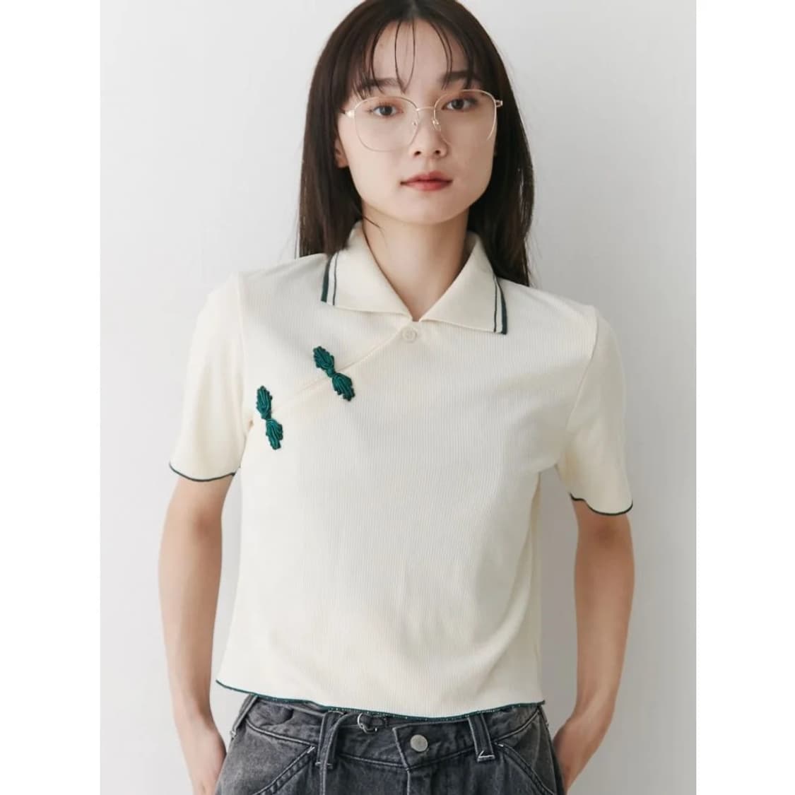 쥬에티 jouetie 차이니즈 카라 니트 반팔 베이지 상품이미지1