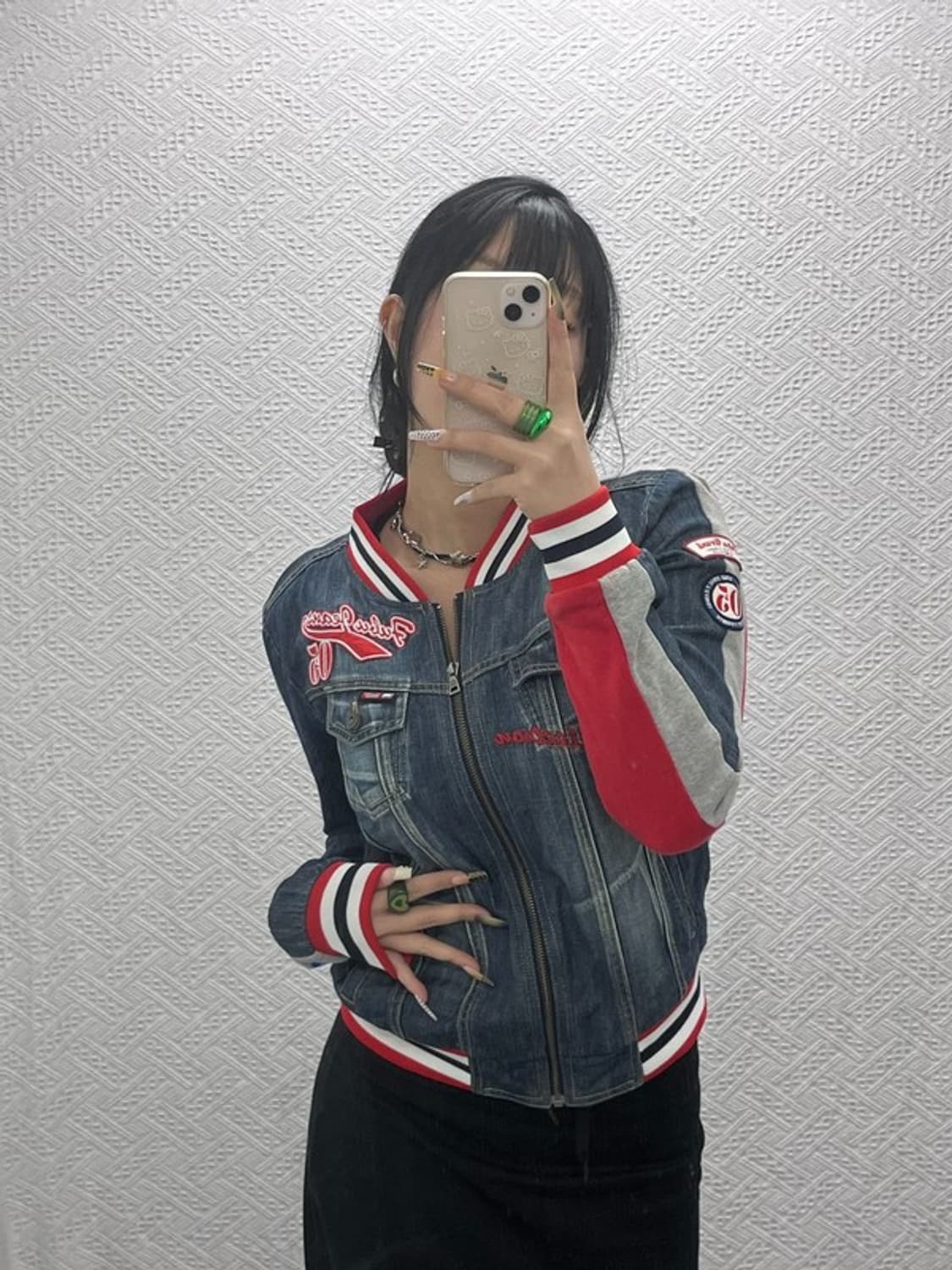 푸부 올드스쿨 Y2K 데님 패치 바이커 바시티자켓 M C08128 상품이미지2