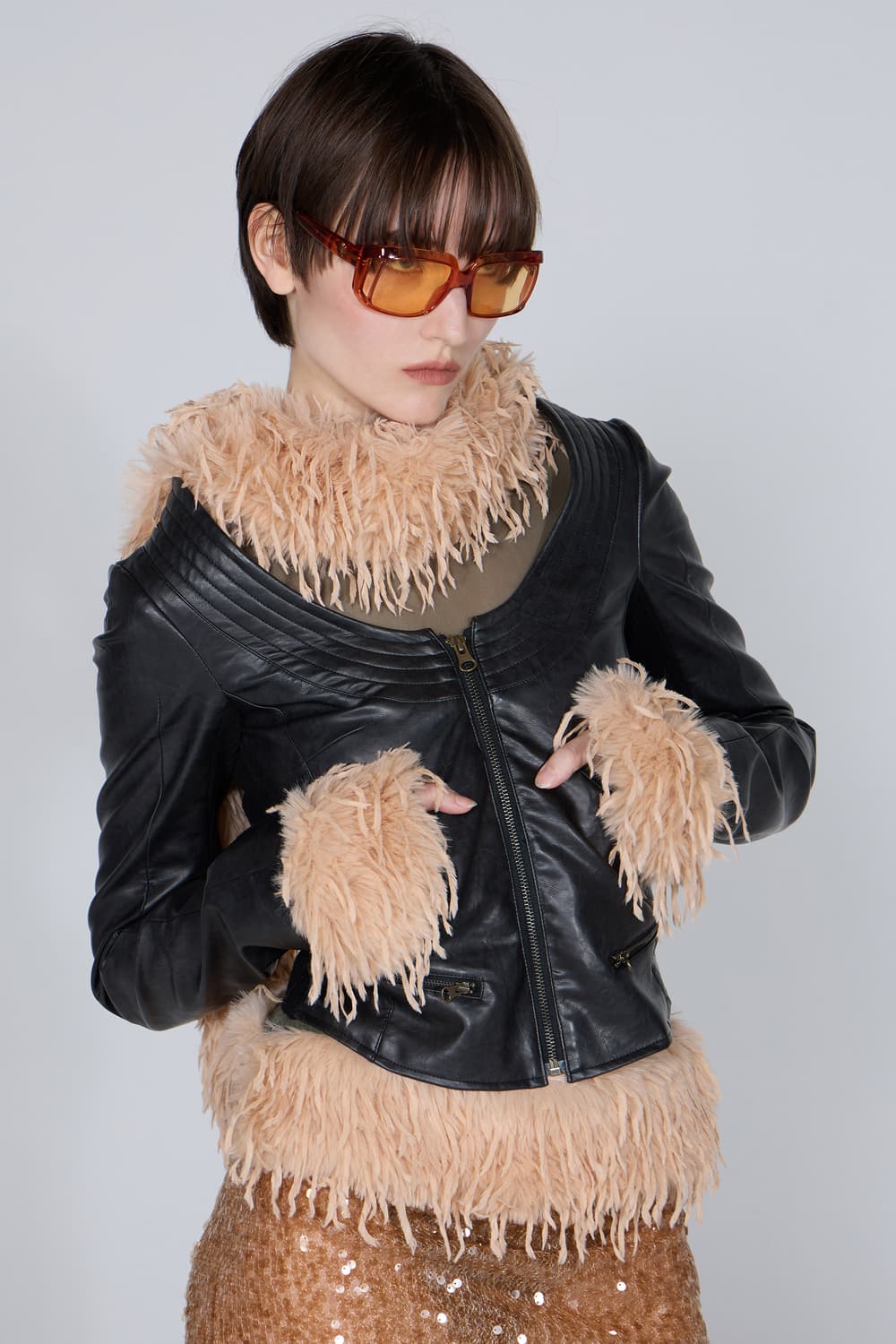 Portrait Neck Faux Leather Jacket Taupe 상품이미지7