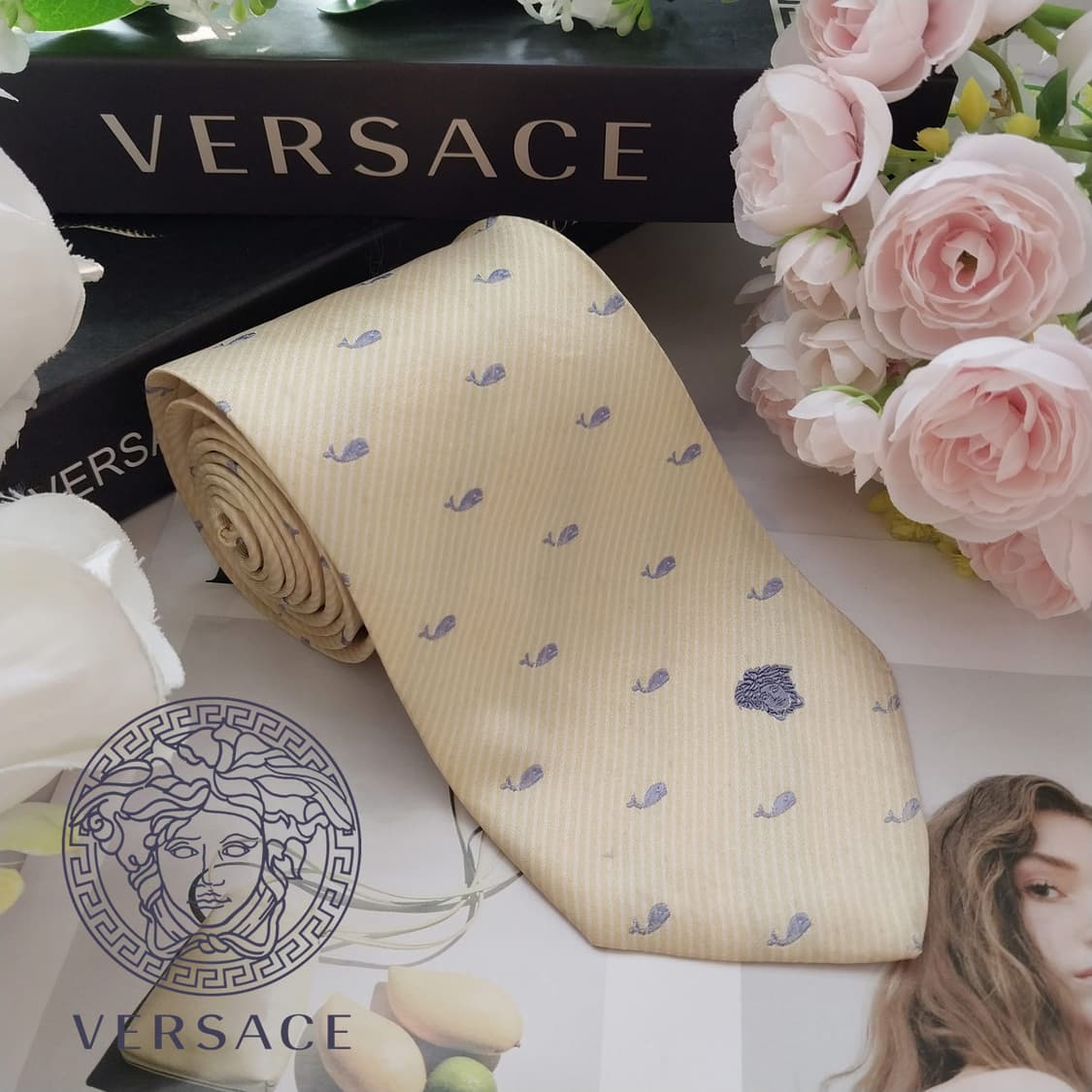 베르사체 실크 레몬 올오버 고래 패턴 넥타이 9.1cm B등급 K1918 상품이미지1