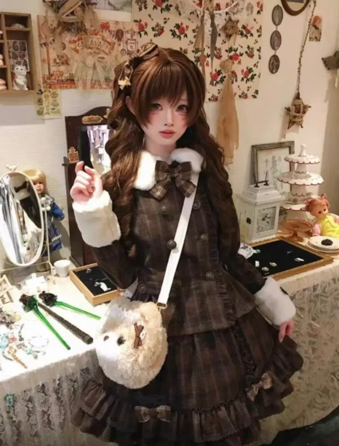 브라운 체크 로리타 투피스 세트 라떼갸루 초코 빈티지 갸루 러블리히메갸루 상품이미지1