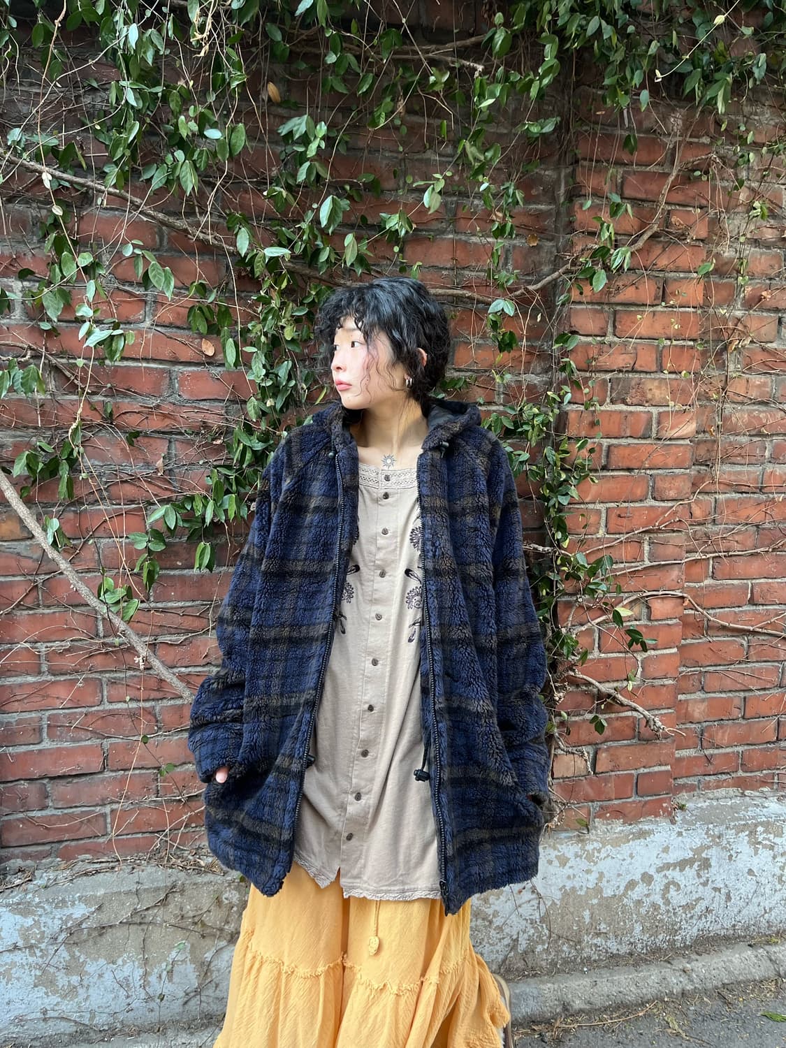 Piko 블루 체크 오버핏 플리스 집업 아우터 상품이미지1