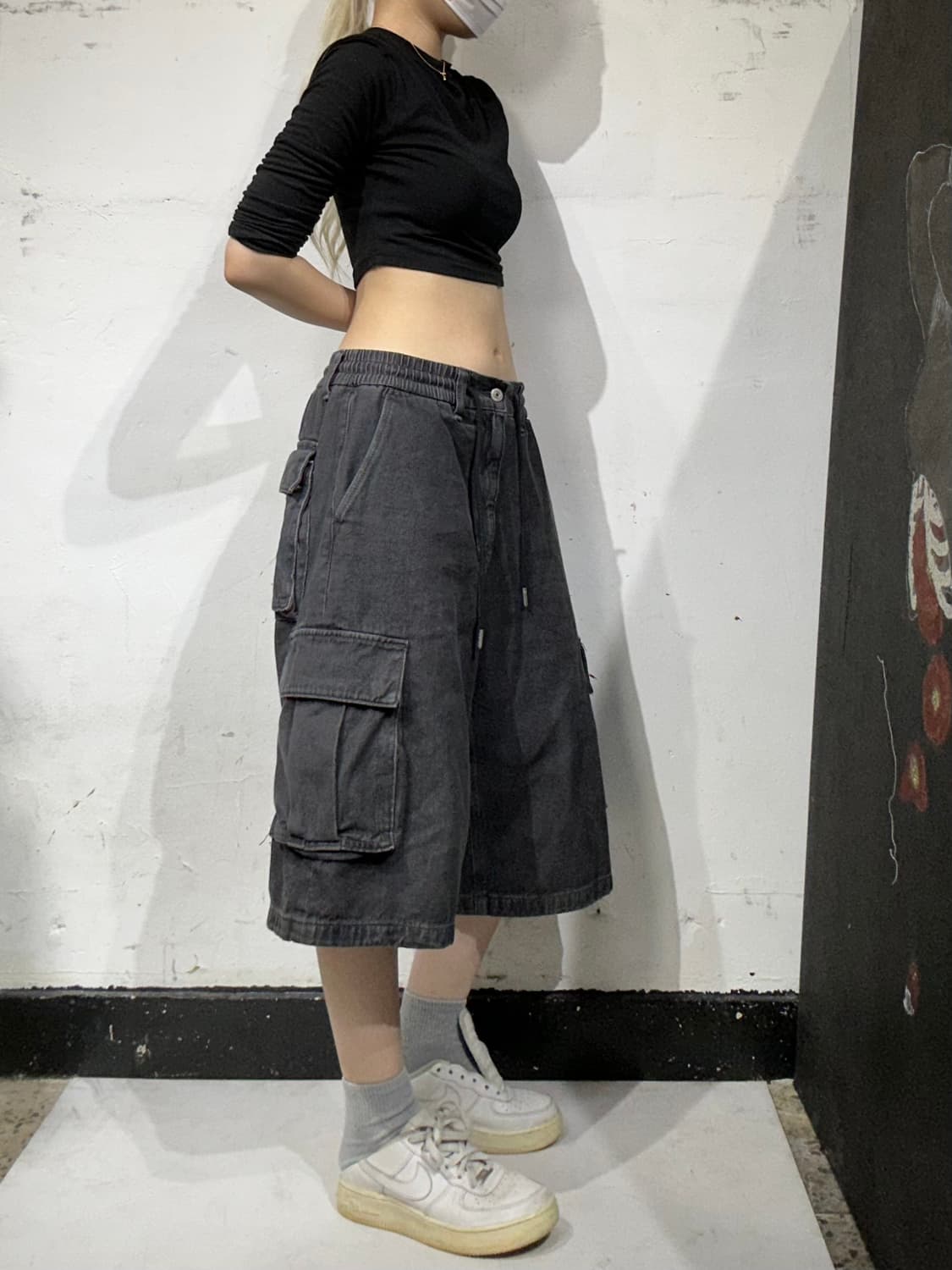 버커루 흑청 와이드 데님 하프 팬츠 버뮤다 카고 바지  상품이미지1