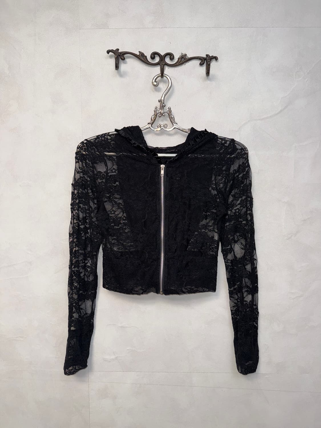 Black floral lace crop hood zipup 상품이미지3
