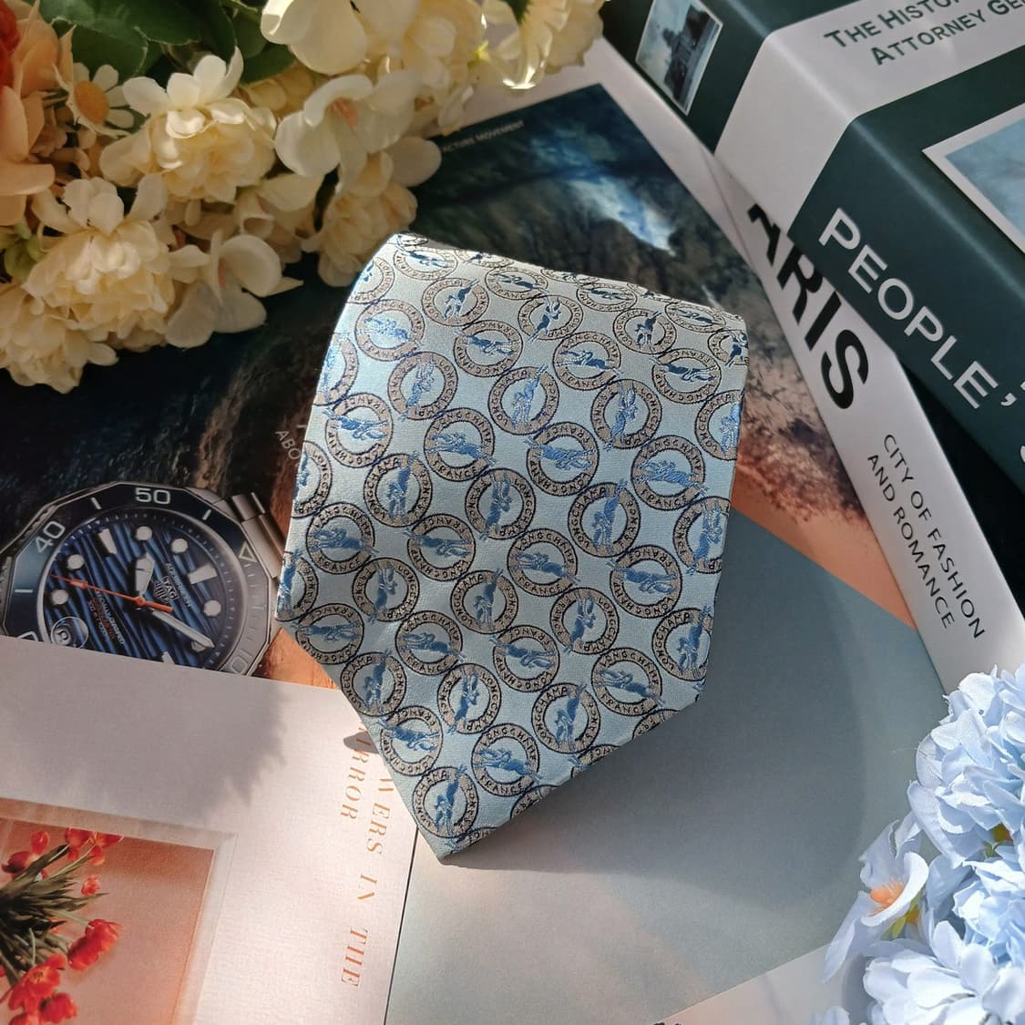 롱샴 실크 민트블루 로고 패턴 넥타이 9.5cm A등급 G20
 상품이미지2