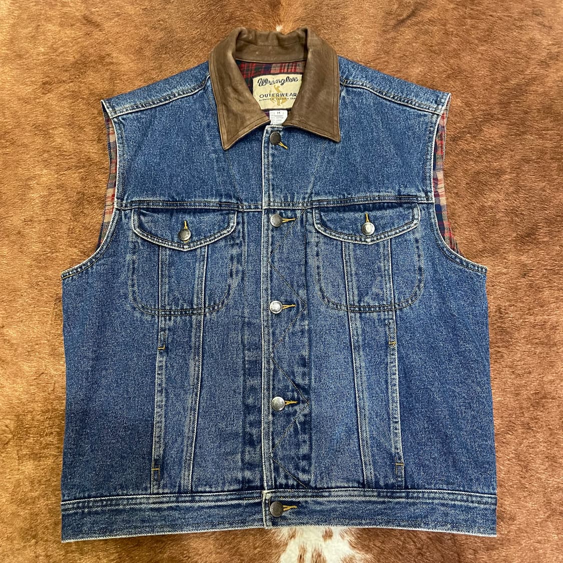 90's 랭글러 레더 카라 체크 라이닝 데님 상품이미지1