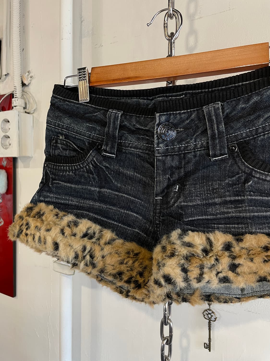 레오파드 퍼 데님 숏팬츠 갸루 상품이미지2