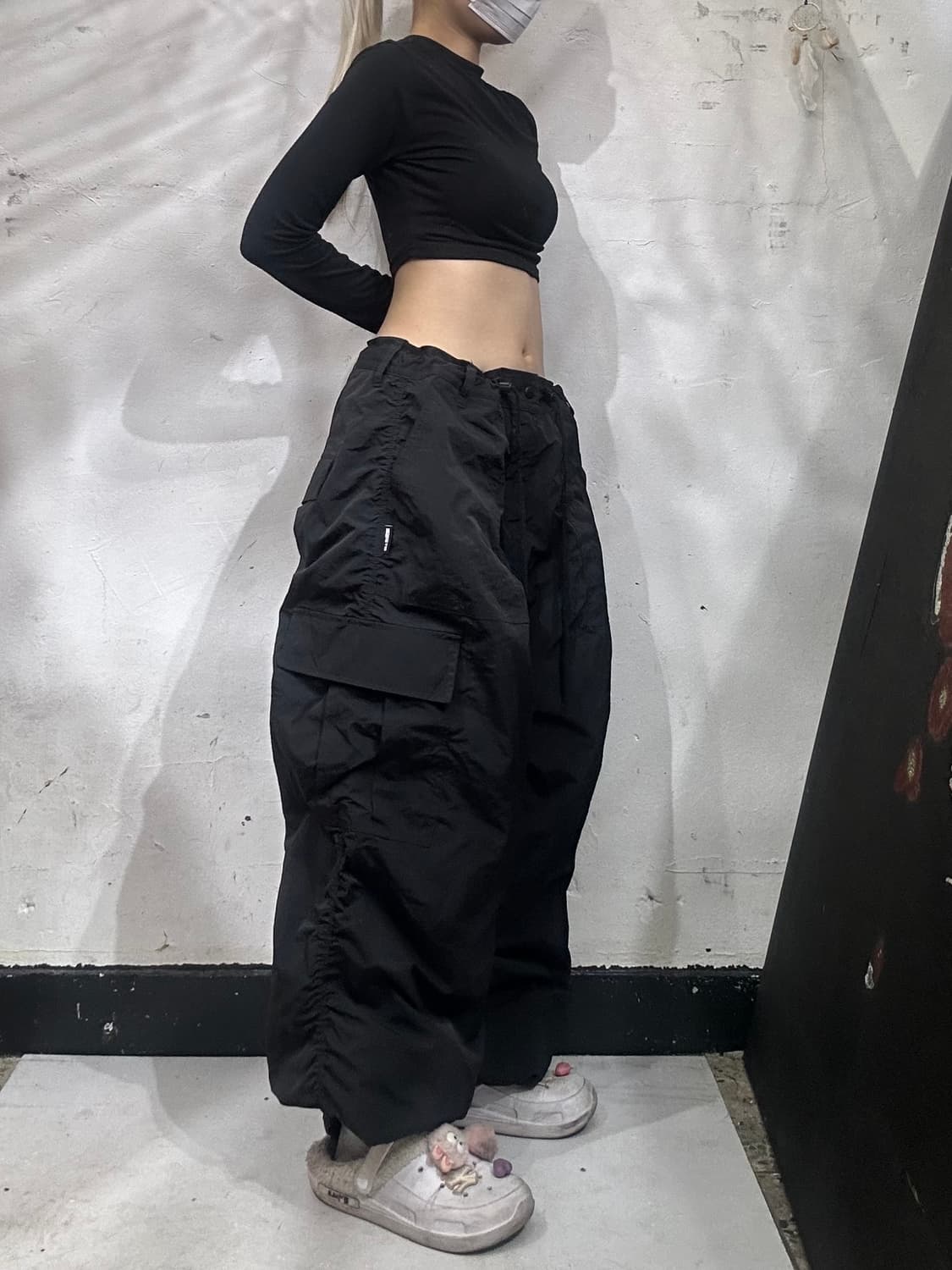 엑스톤즈 블랙 와이드 나일론 셔링 트랙 팬츠 카고 바지 L 상품이미지1