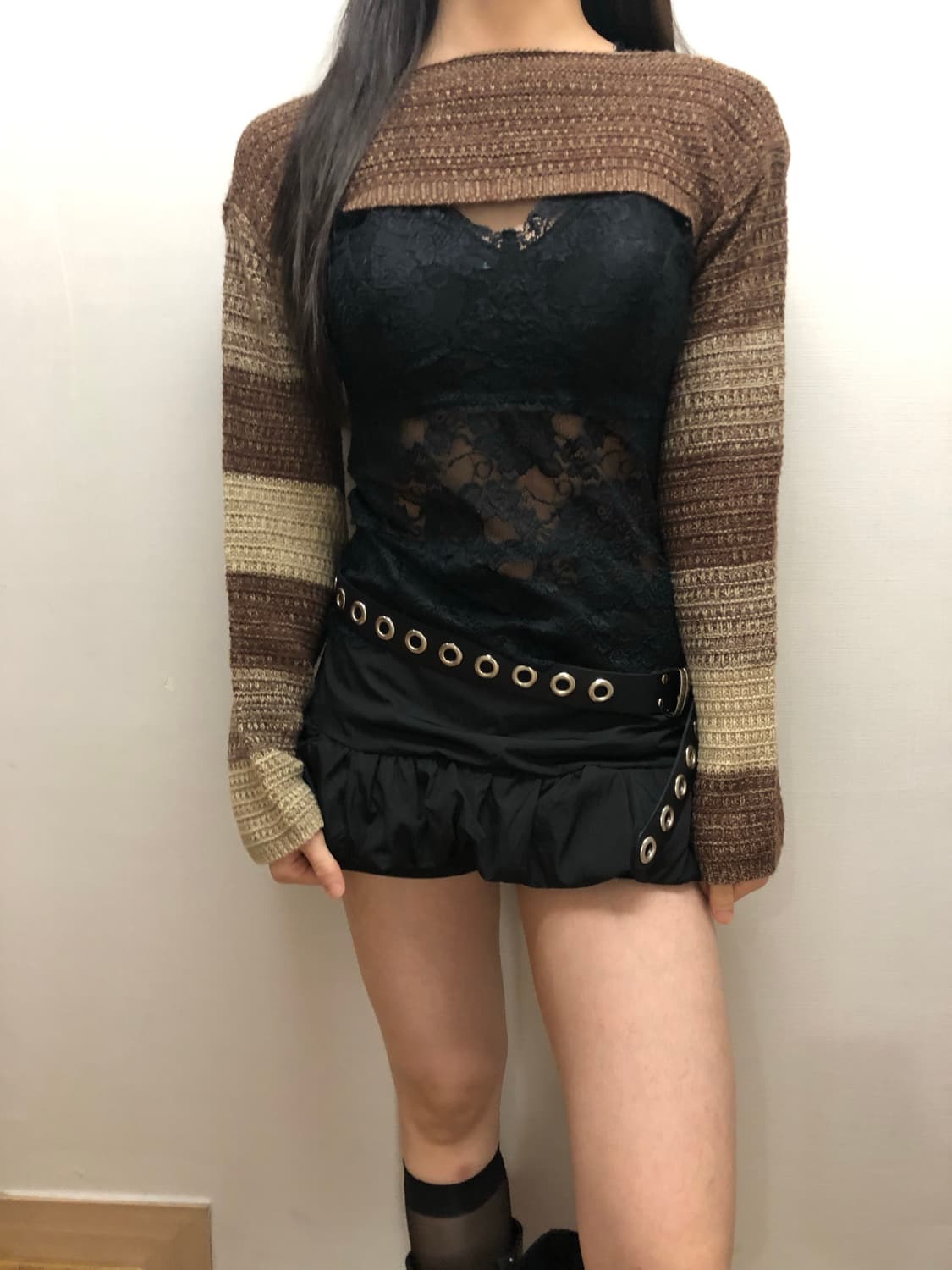 빈티지 브라운 스트라이프 크롭 니트 상품이미지4