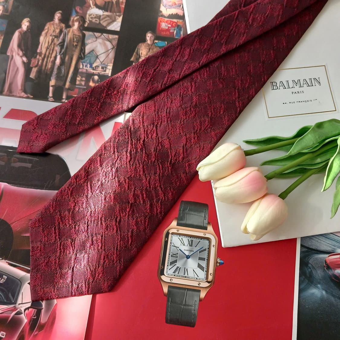 발망 실크 버건디 자카드 패턴 넥타이 9.8cm A+~A등급 A18967 상품이미지3