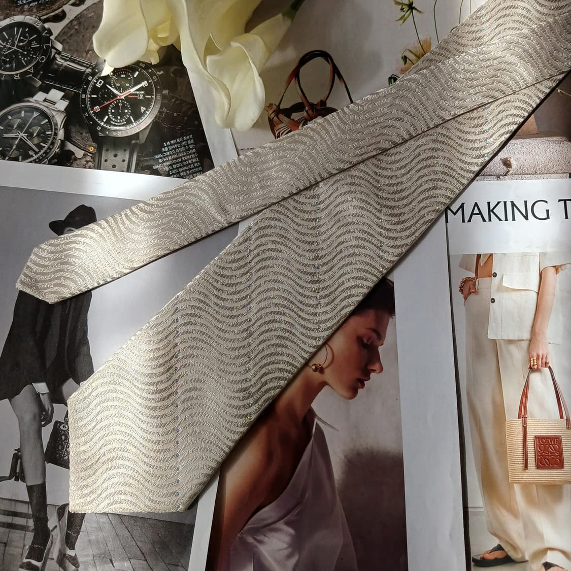 밀라숀 실크 아이보리 자카드 패턴 넥타이 9.4cm A+등급 A19755 상품이미지4