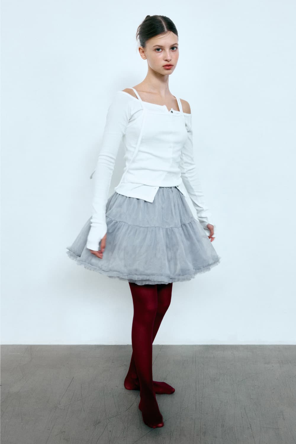 [새상품] 더오유 쉬폰 실키 타이 스커트 그레이 상품이미지4