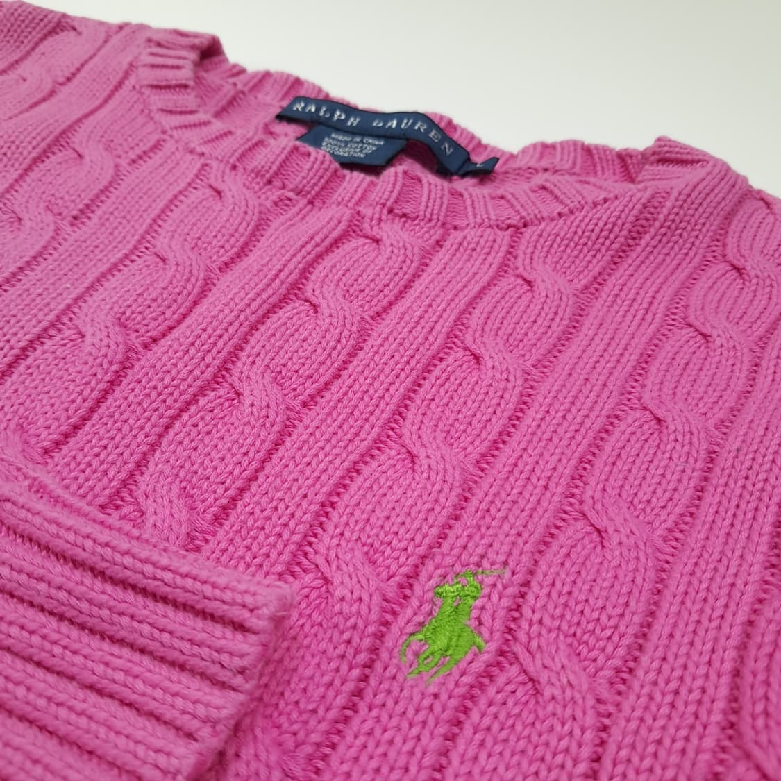 CL384 L 폴로 00s 코튼 케이블 크루넥 그린포니 핑크 니트 상품이미지4