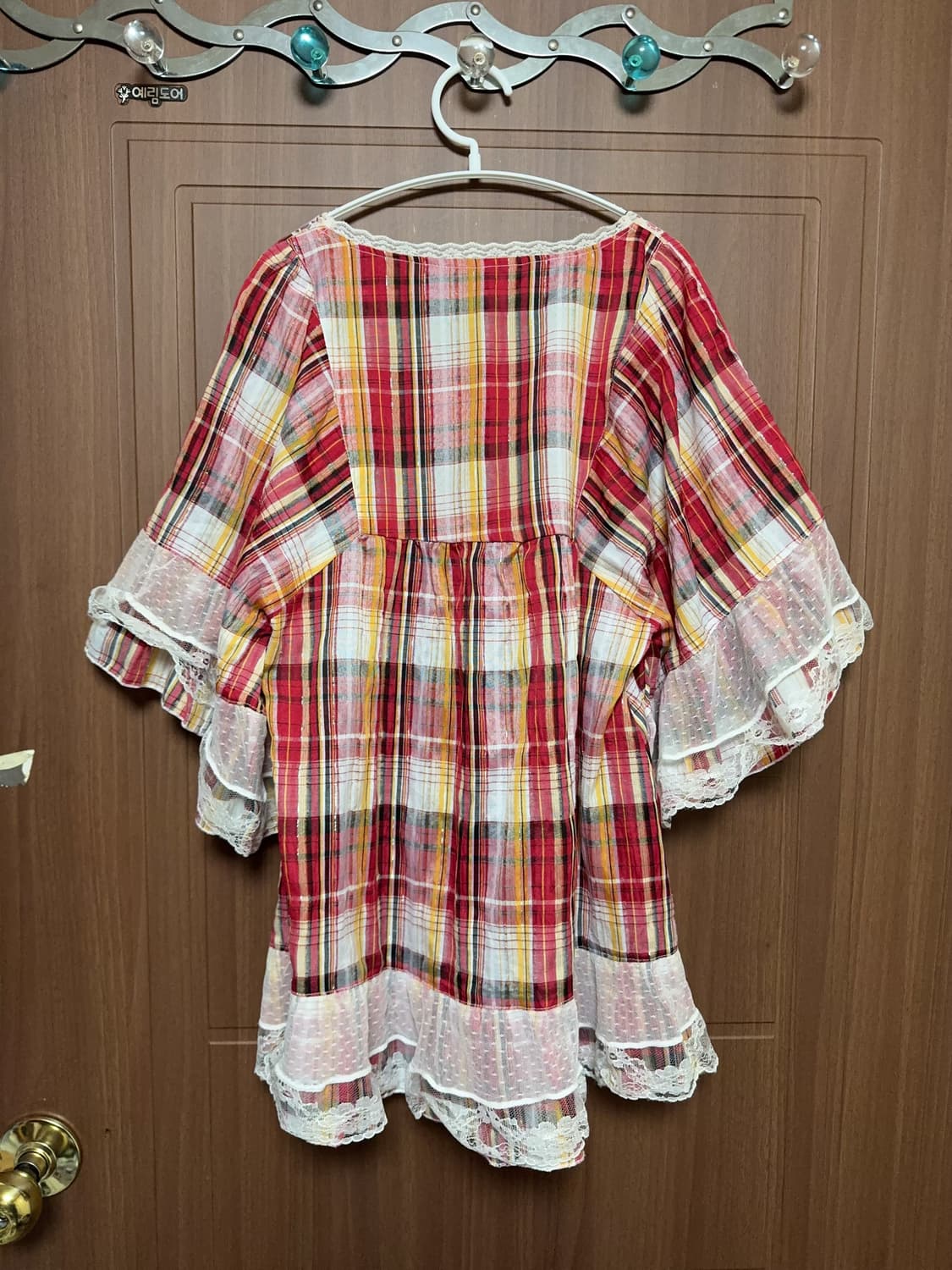 모리걸 하구미 일본 빈티지 천사깔 오렌지 사과 체크 레이스 판쵸 블라우스 상품이미지3