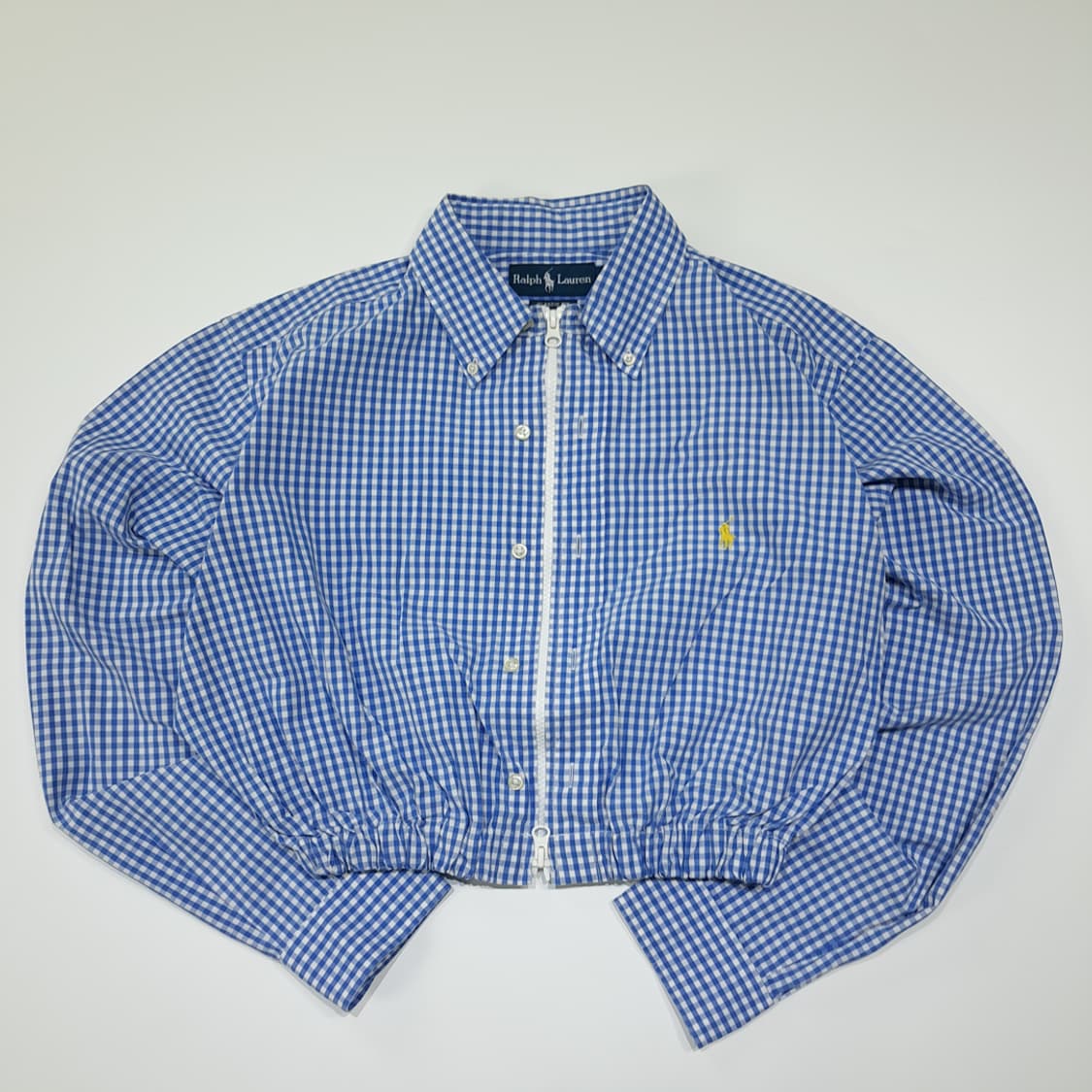 CL790 FREE 폴로 스몰 깅엄체크 블루 리메이크 크롭 집업 셔츠 상품이미지1