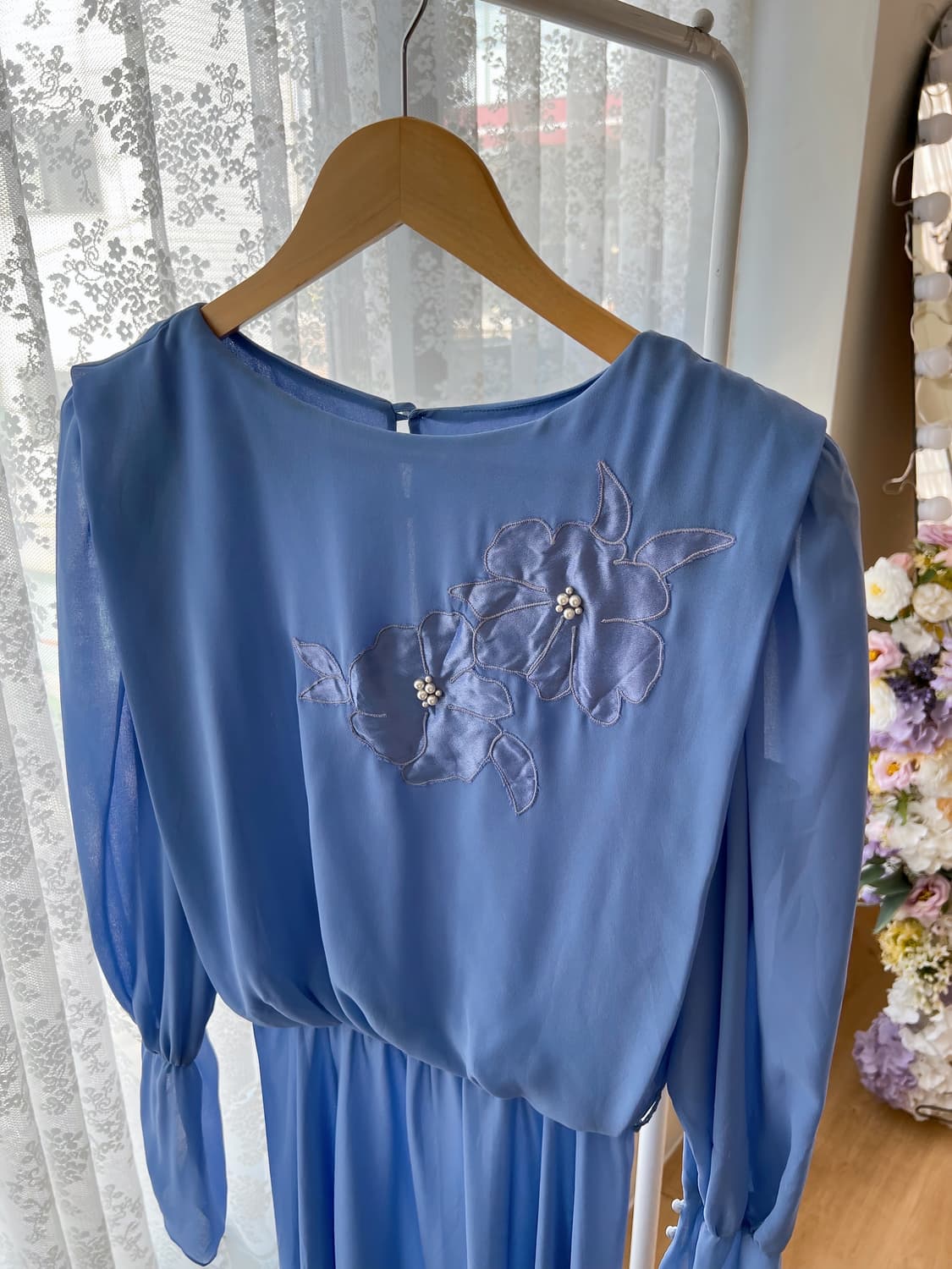 블루 플라워 진주 쉬폰 원피스 상품이미지1