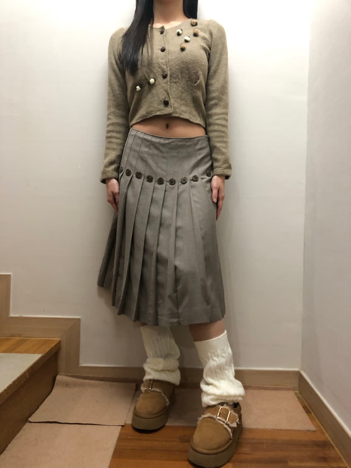 빈티지 그레이 버튼 플리츠 미디 스커트 상품이미지5