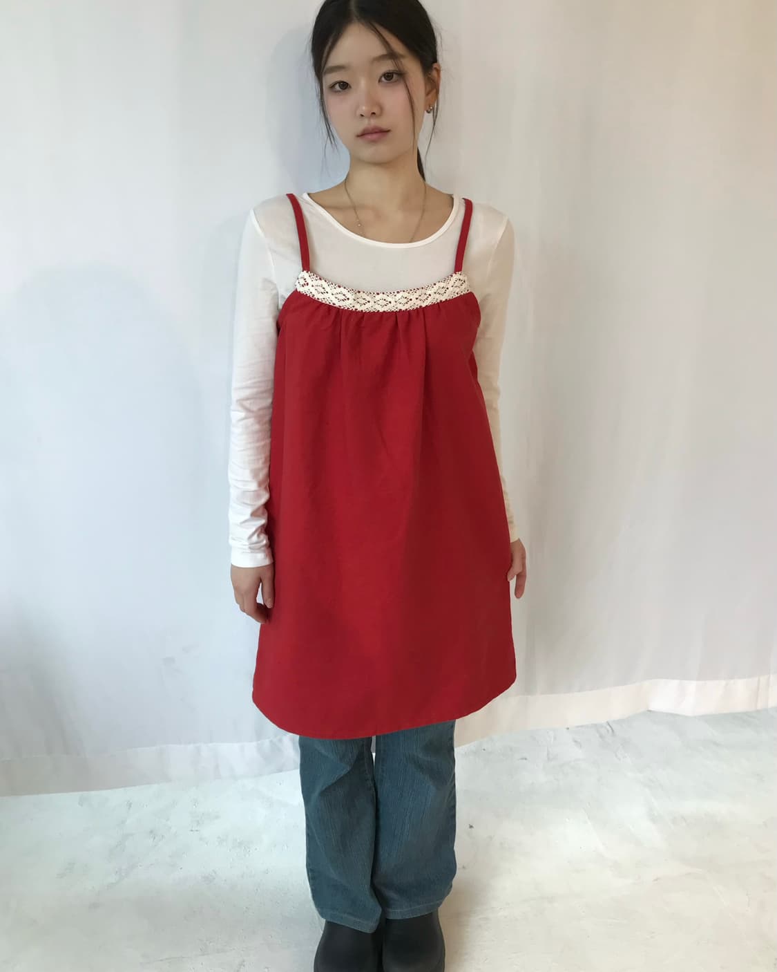 레이스 디테일 레드 원피스  상품이미지1