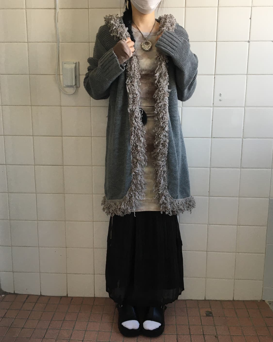 Fringe point tied hood knit cardigan 상품이미지1