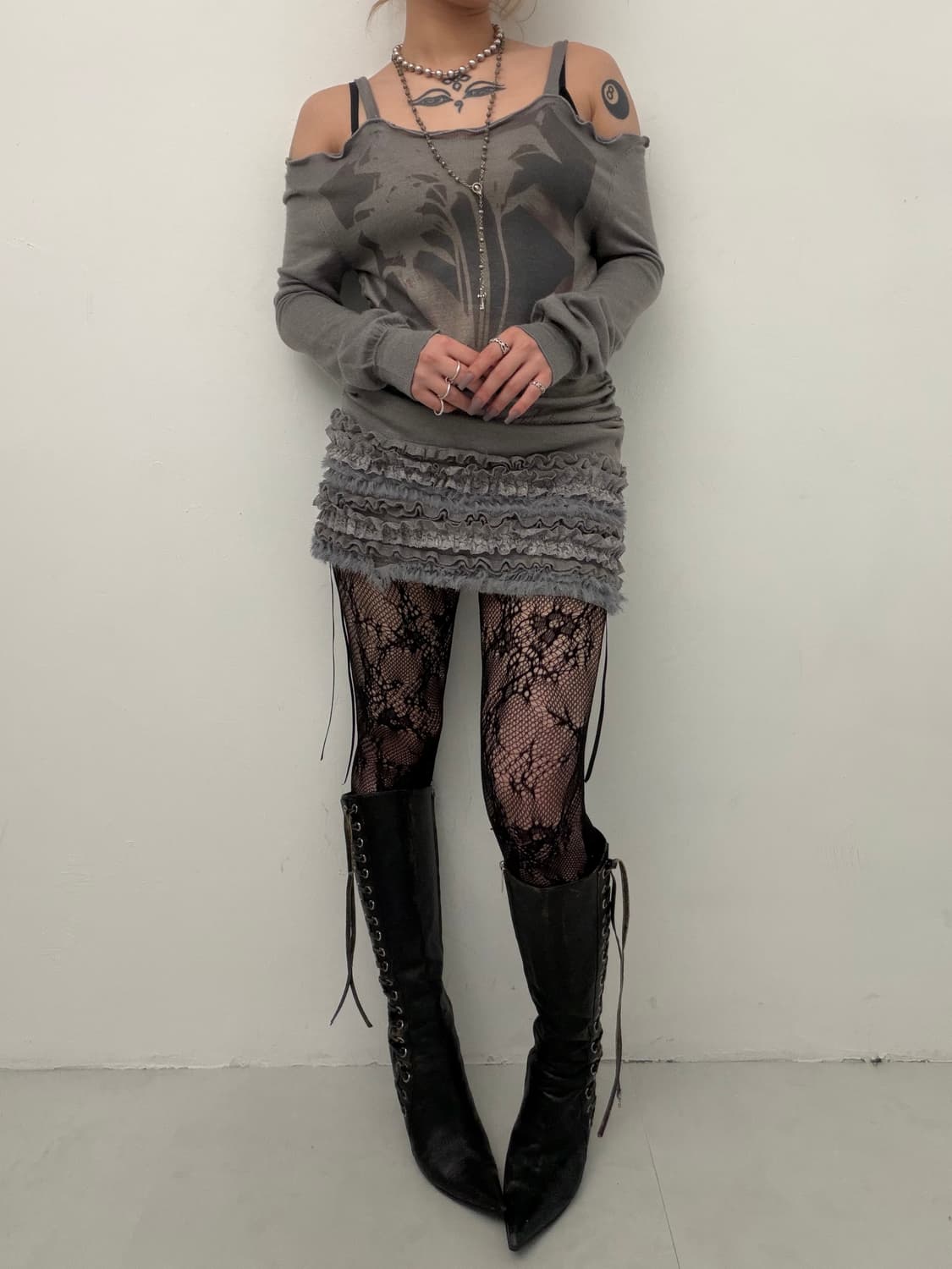 니트 오프숄더 셔링 원피스  상품이미지2