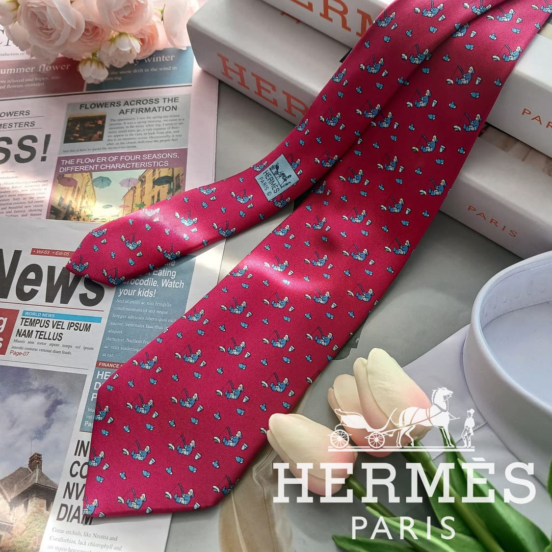 에르메스 실크 핫핑크 에스키모패턴 넥타이 9.2cm A-등급 A18754 상품이미지1