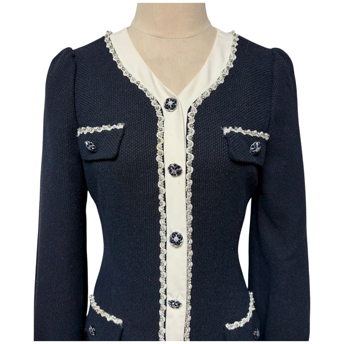 3695 네이비 아이보리 플리츠 트위드원피스 상품이미지2