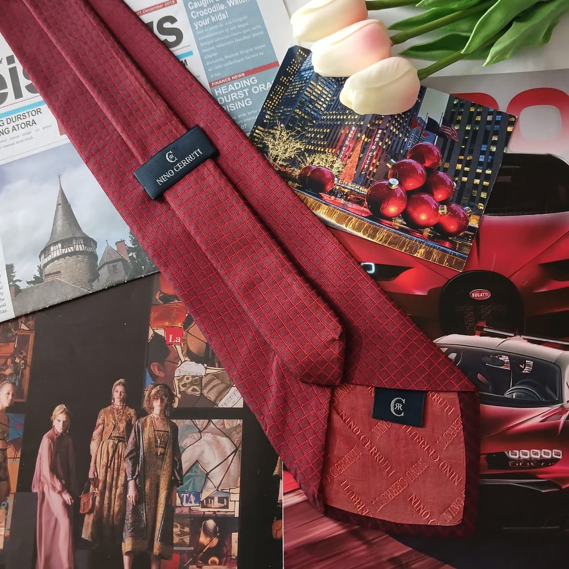 세루티 1881 실크 버건디 체크 넥타이 10.1cm A등급 A18825 상품이미지4