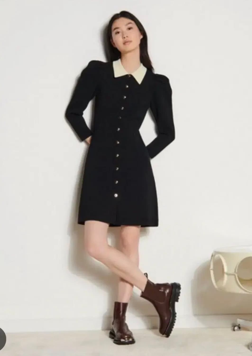 산드로 퍼프숄더 금장버튼 원피스 상품이미지2