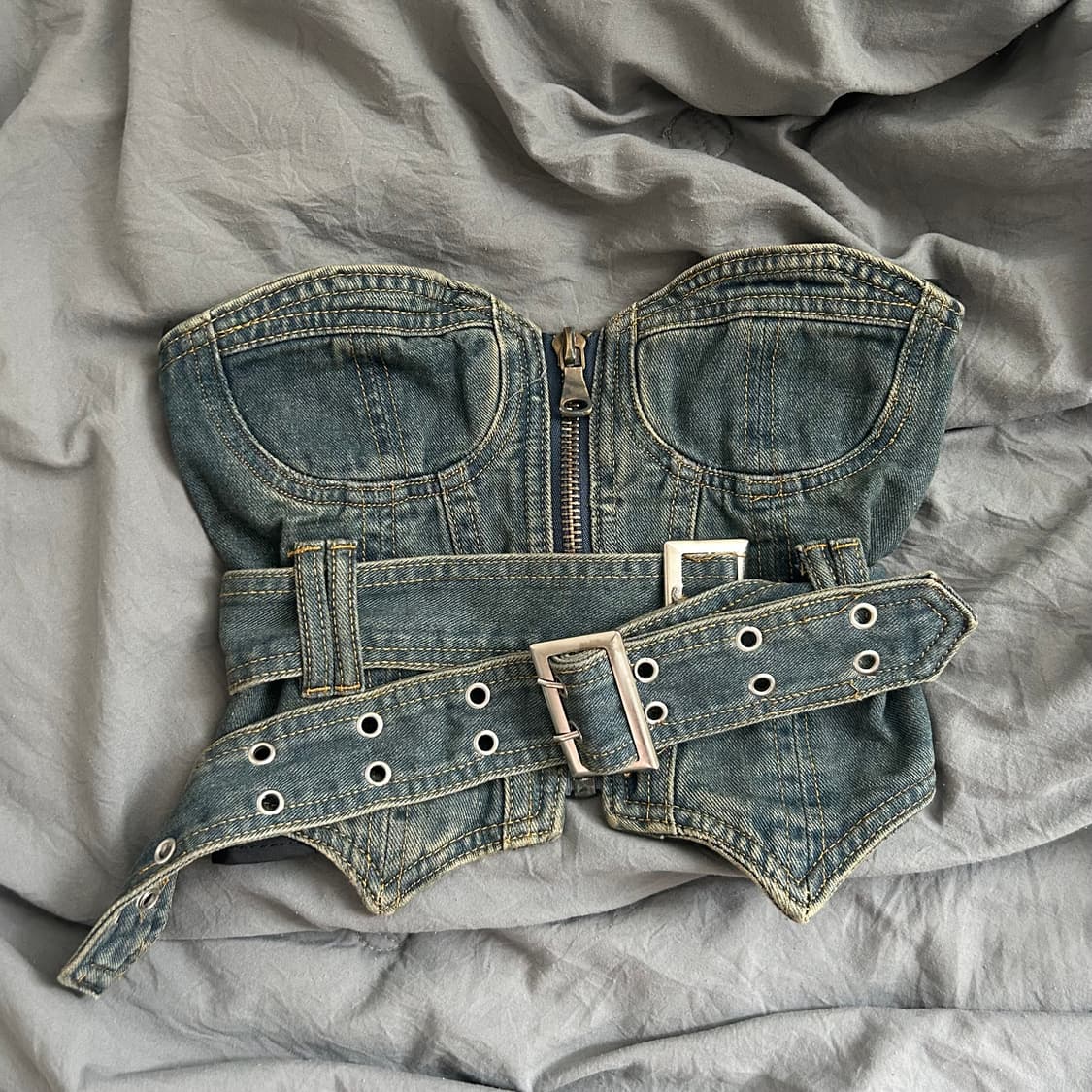 빈티지 데님 탑 + 벨트 세트 상품이미지1