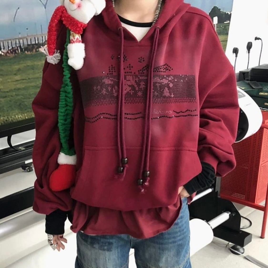 ACHIHARA 후드티 페이크 레이어드 루즈핏 롱 후디 상품이미지3