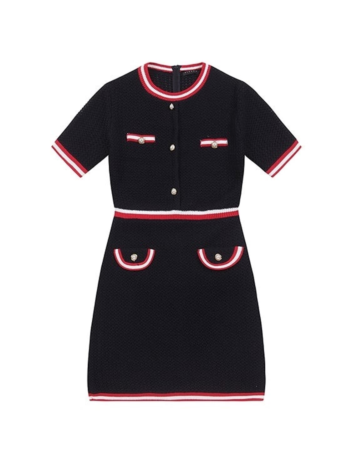 시슬리 진주버튼 배색 반팔 니트 원피스 네이비 상품이미지5