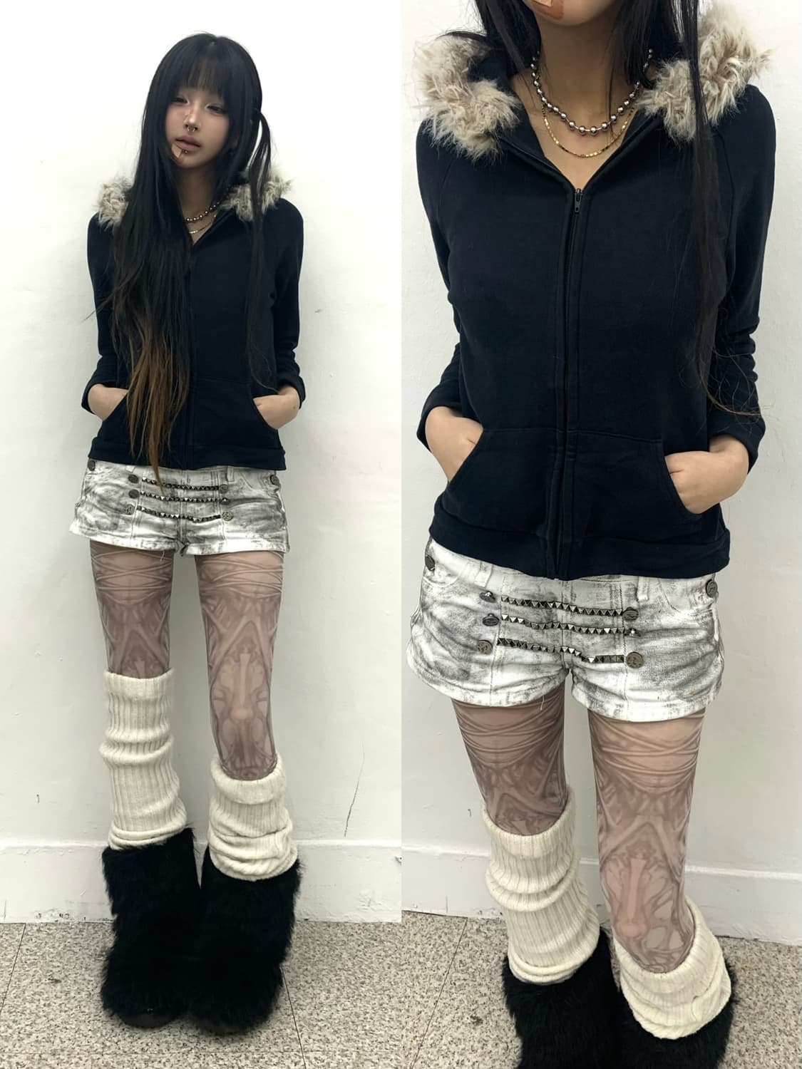 Fur hood navy hoodie 상품이미지2